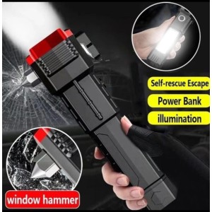 High-Power LED Torch Light – Rechargeable Flashlight with Tactical Hammer & Power Bank With Box, Random color