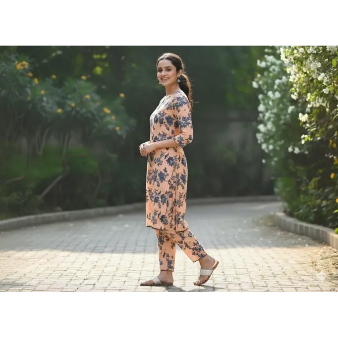 Stylish Printed Round Neck Shirt And Trouser Set - 2 Pcs in Crystal Wool